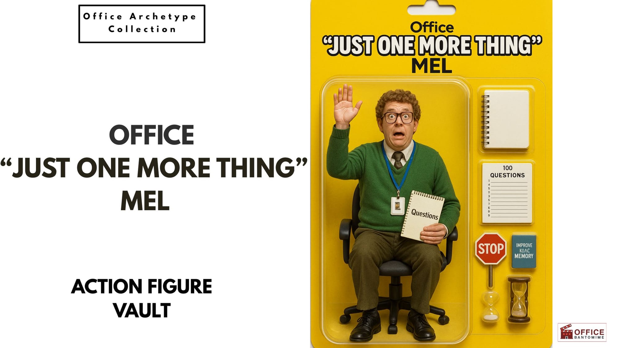 Action-figure style character called Mel, sitting on an office chair holding a notebook labelled “Questions,” surrounded by meeting-related accessories.