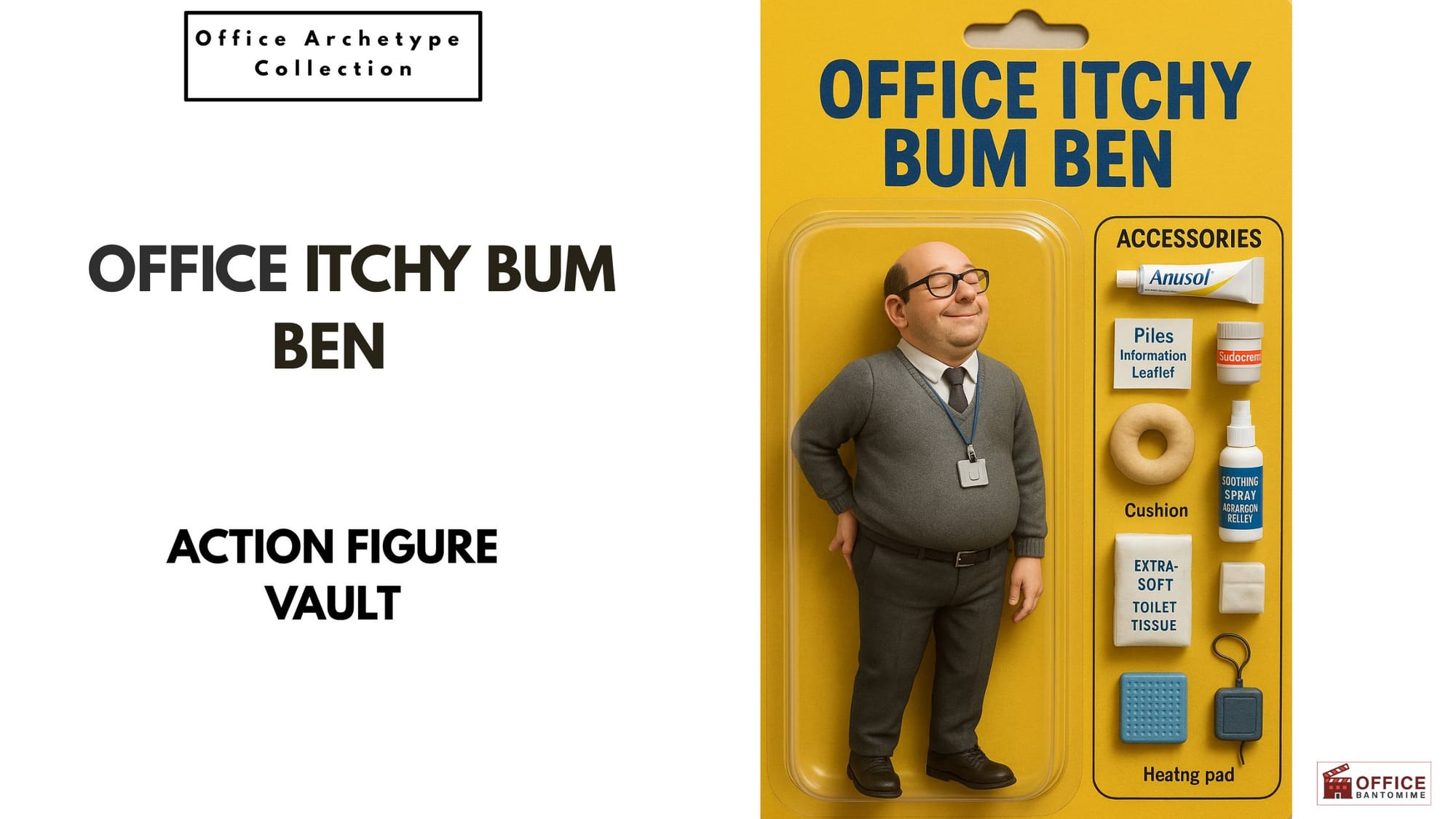 Action figure of Office Itchy Bum Ben scratching his bum with accessories.