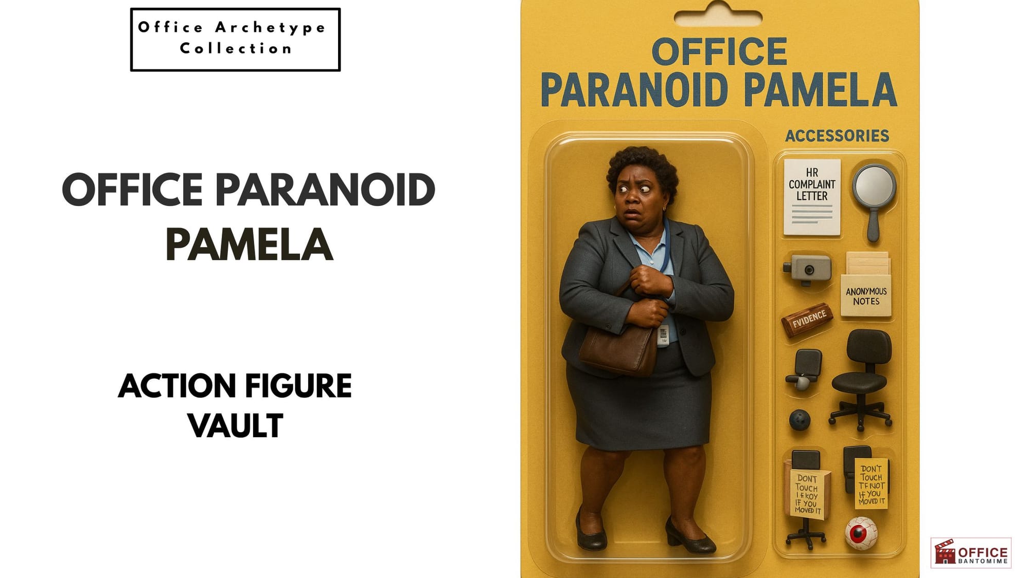 Paranoid Pamela action-figure in office packaging with her accessories.