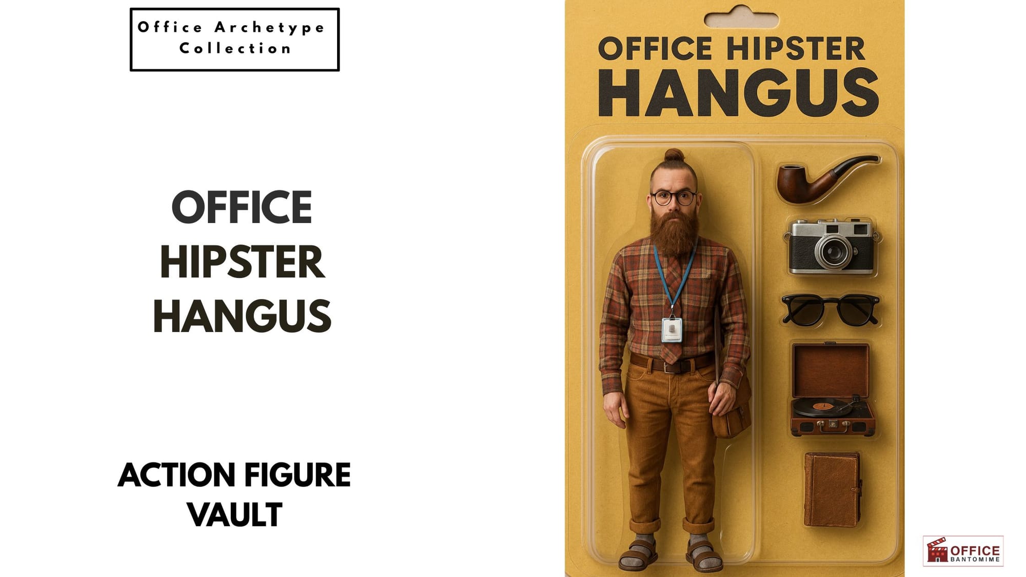 Action figure of Office Hipster Hangus with vintage accessories: camera, pipe, glasses, vinyl player.