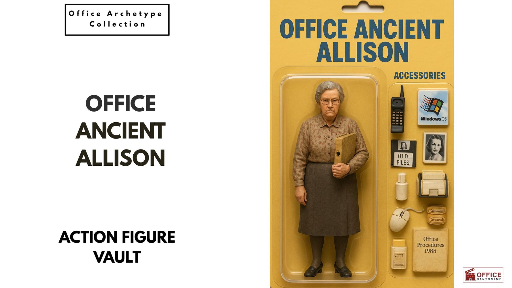 Vintage-style office action figure of “Office Ancient Allison,” an elderly female office worker with old files, retro phone, floppy disk and Windows 95 accessories
