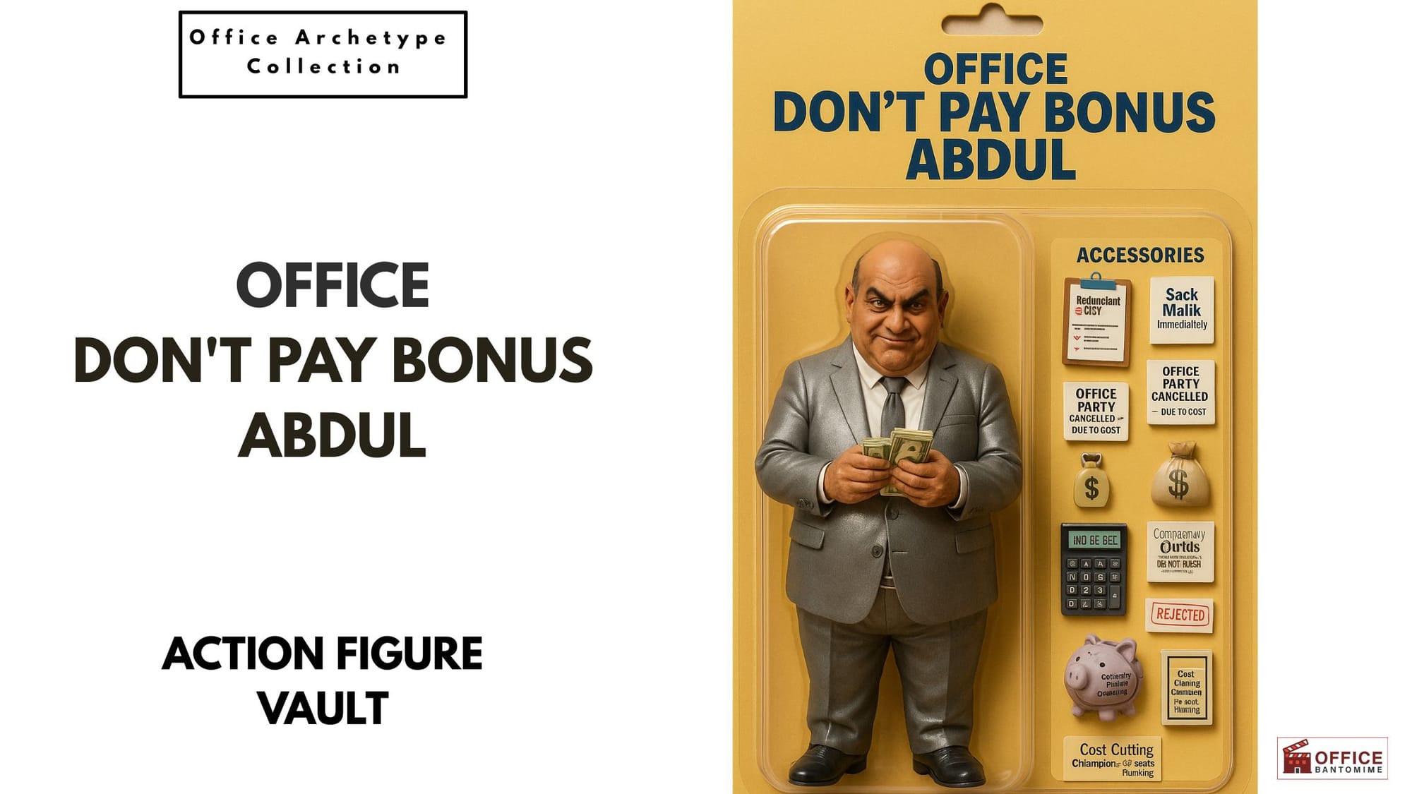 Action-figure style packaging of “Don’t-Pay-Bonus Abdul,” a corporate boss holding money with cost-cutting accessories.