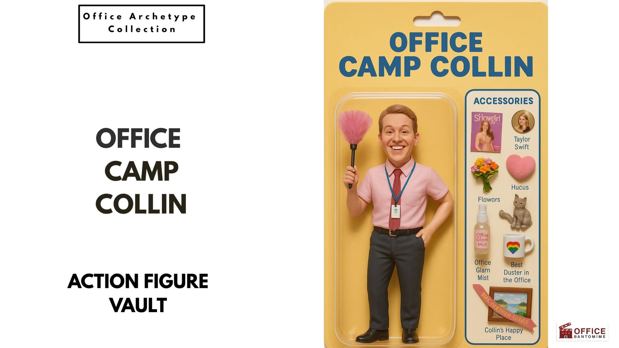 Action-figure style character of Office Camp Colin holding a pink fluffy duster with accessories like flowers, a mug, and “Office Glam Mist.”