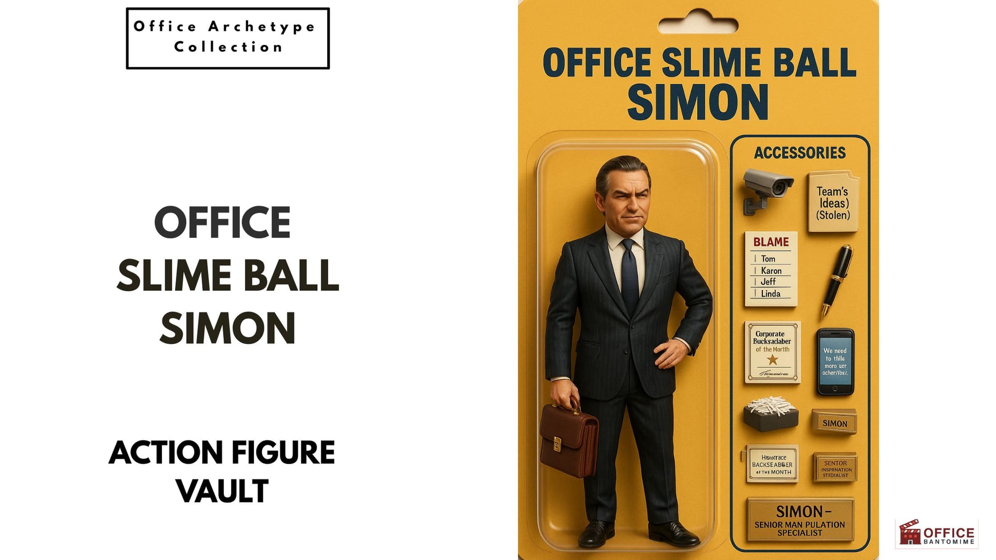 Action figure of Office Slime Ball Simon with accessories showing stolen ideas and corporate manipulation.