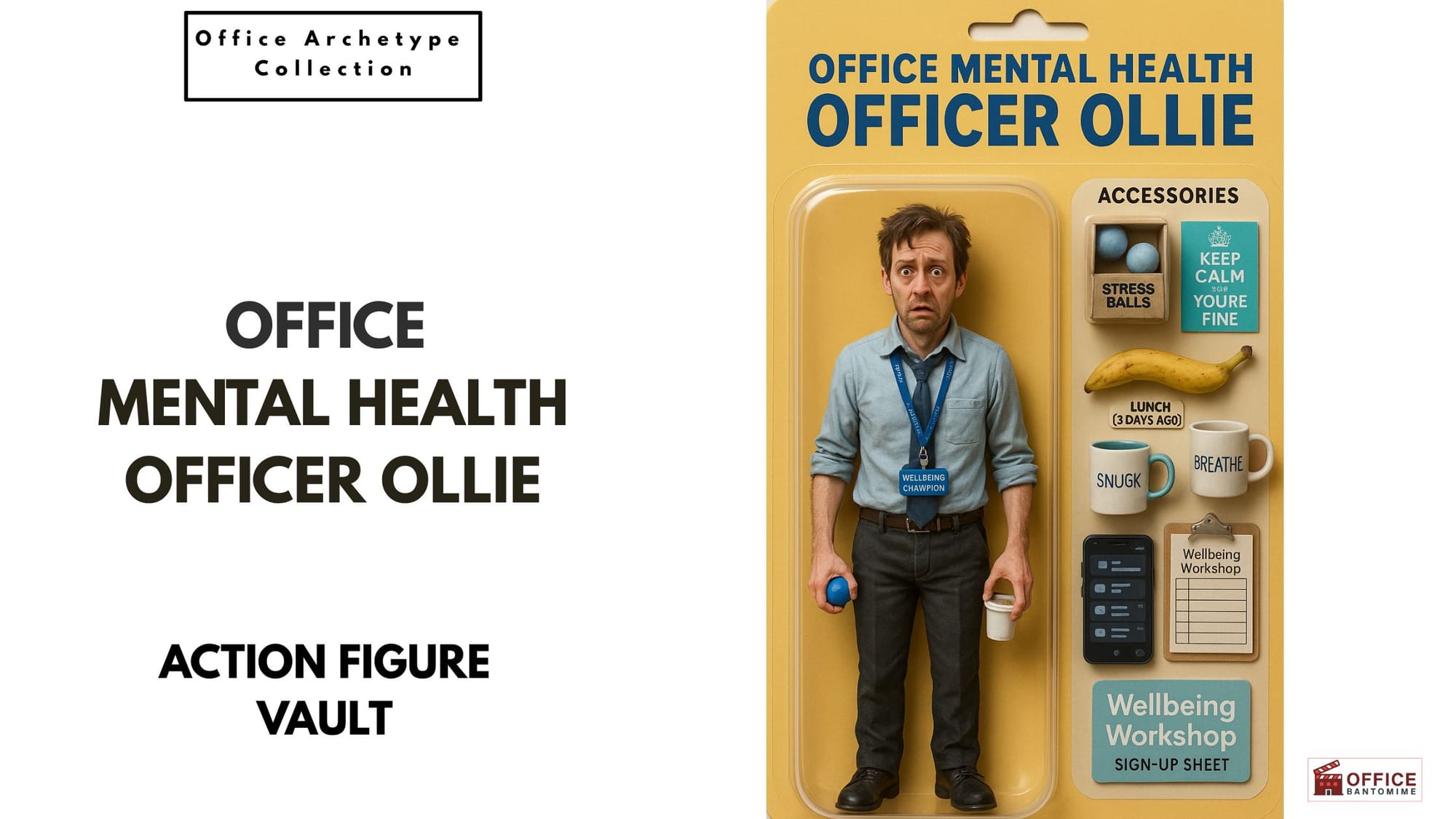 Action-figure of stressed “Mental Health Officer Ollie” with stress-relief accessories in office-themed packaging.