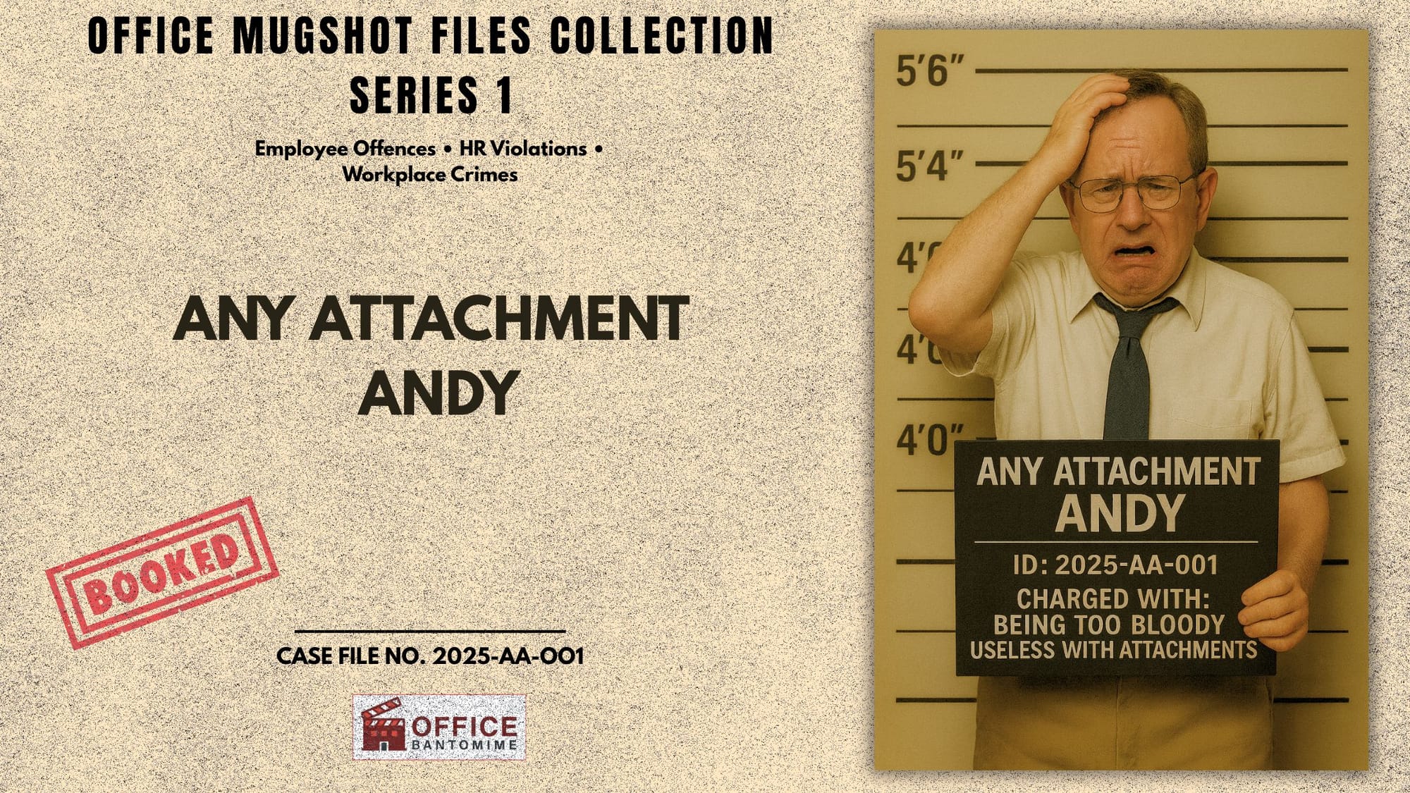 Office mugshot of Any Attachment Andy holding a charge board after repeatedly emailing the wrong attachments, including incorrect reports and accidental personal files.