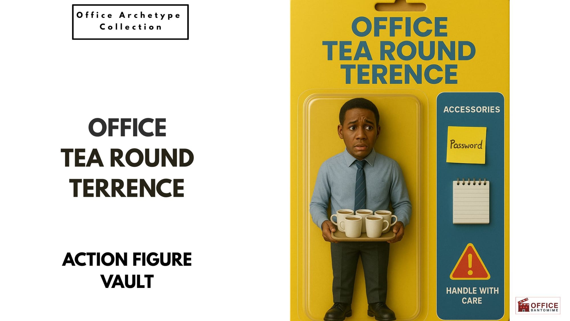 Action-figure-style Office Tea Round Terence holding a tray of mismatched teas, looking worried inside yellow blister packaging.