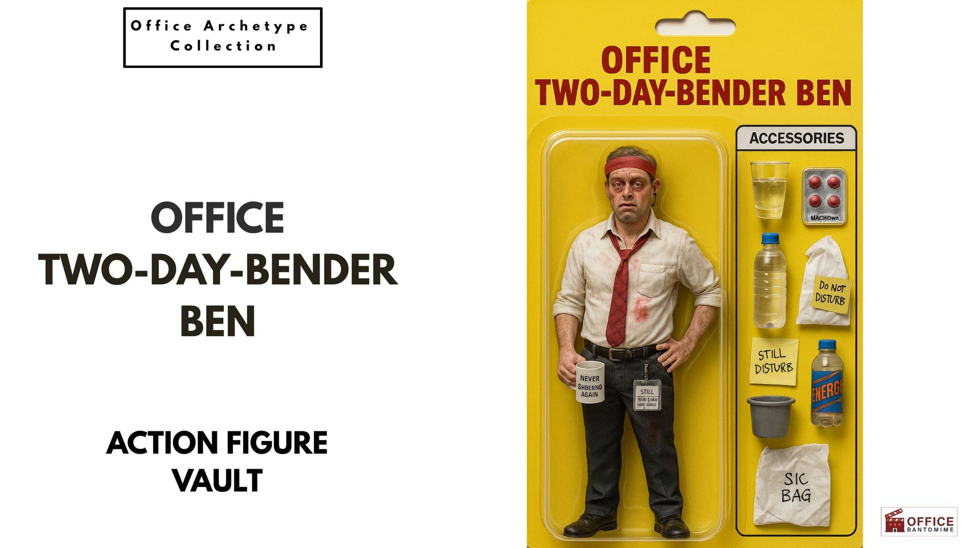 Action-figure style packaging of “Two-Day-Bender Ben,” a dishevelled office worker with hangover accessories.