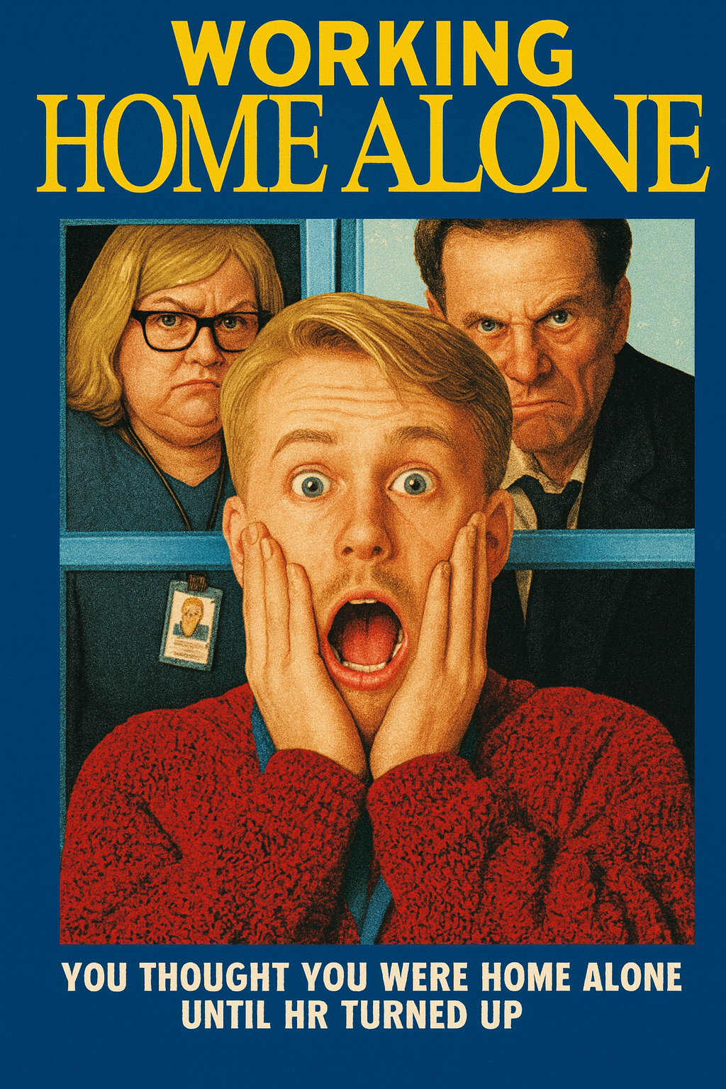 Parody movie poster titled “Working Home Alone” featuring a shocked remote worker on video call while HR staff appear behind him, with humorous caption about moving the mouse every 8 seconds to survive remote monitoring.