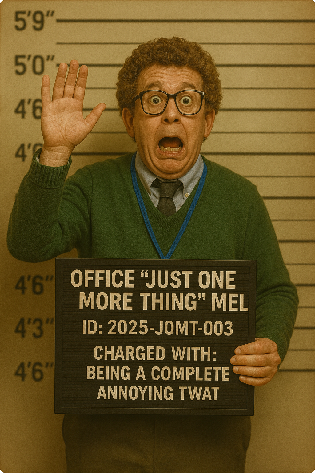 “Mugshot of Office ‘Just One More Thing’ Mel, raising his hand in panic while holding a charge board accusing him of endlessly extending meetings.