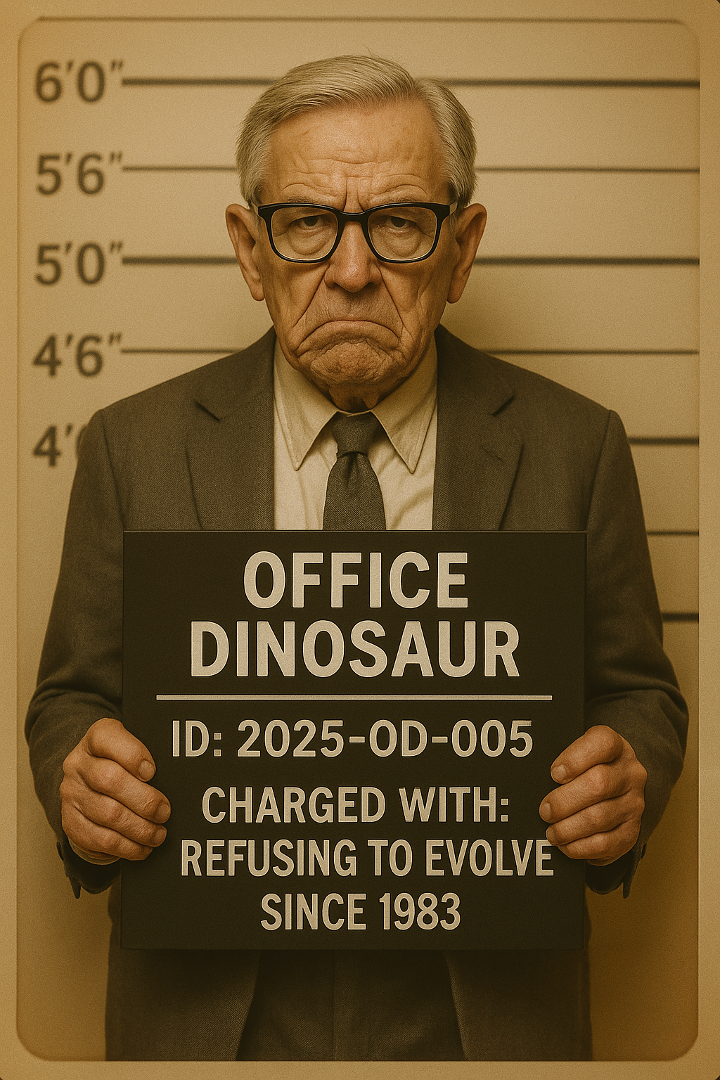 Office mugshot of Office Dinosaur holding a charge board accusing him of refusing to evolve since 1983 and resisting modern workplace change.