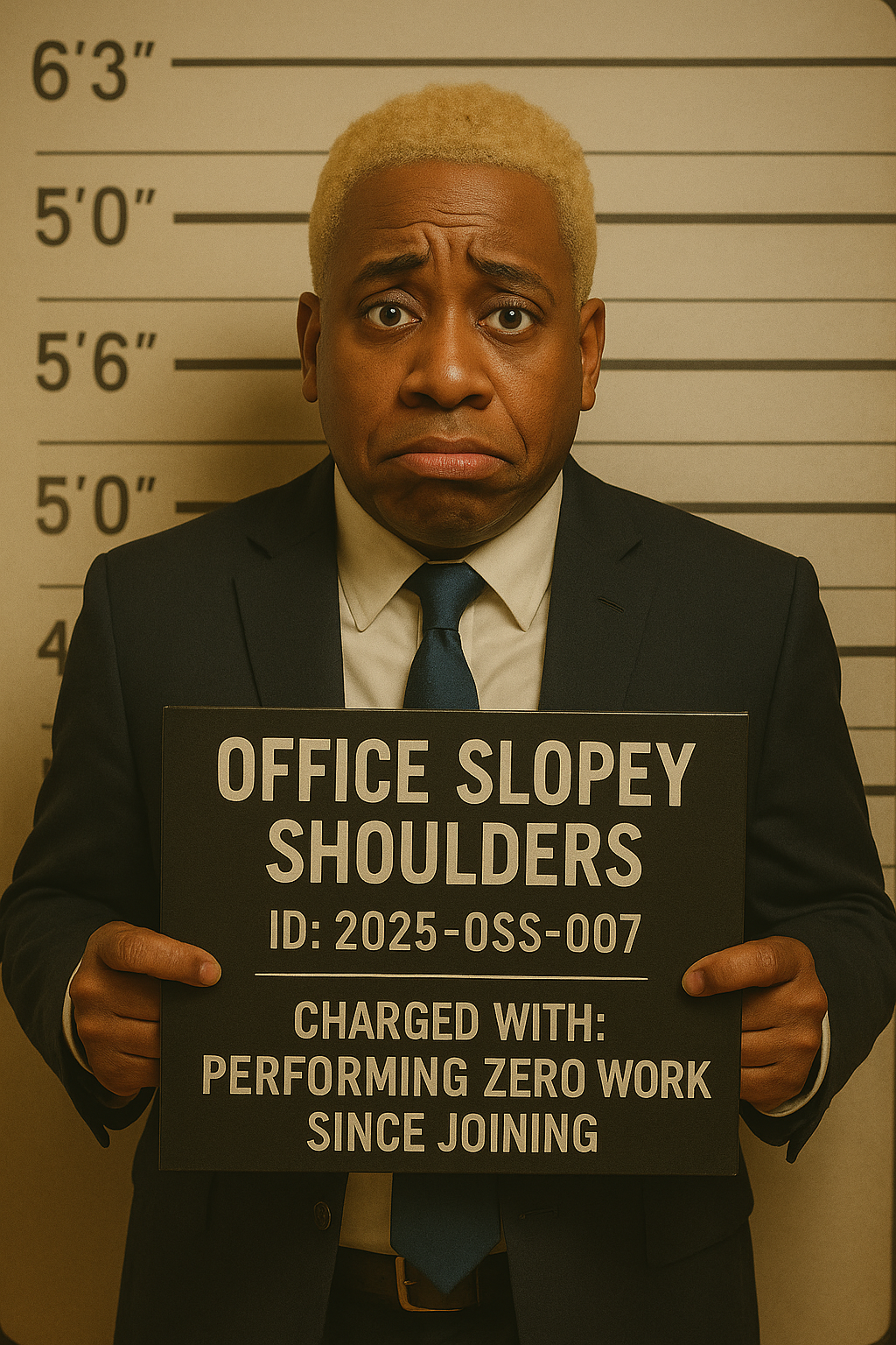Mugshot of Office Slopey Shoulders holding a charge board accusing him of avoiding responsibility, refusing to support coworkers, and doing no work since joining the company.