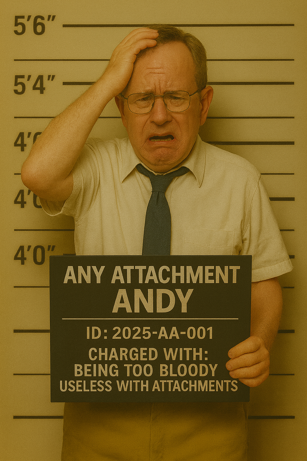 Office mugshot of Any Attachment Andy holding a charge board after repeatedly emailing the wrong attachments, including incorrect reports and accidental personal files.