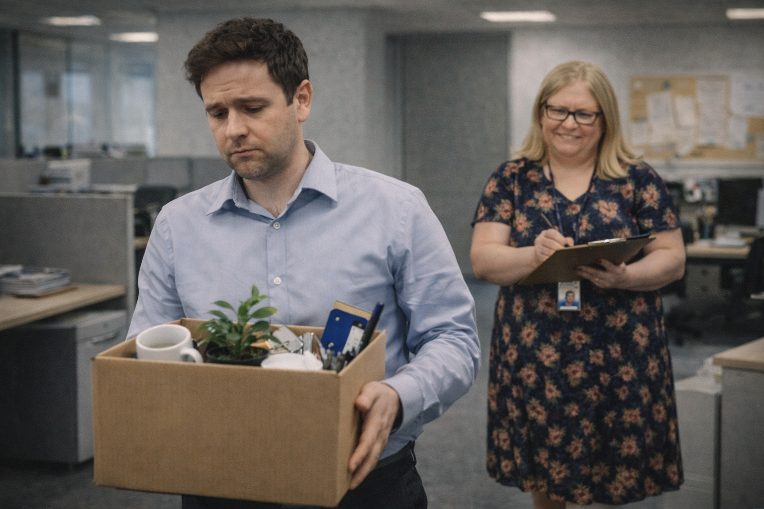 Employee leaving the office with a box of belongings while HR Karen documents the situation  