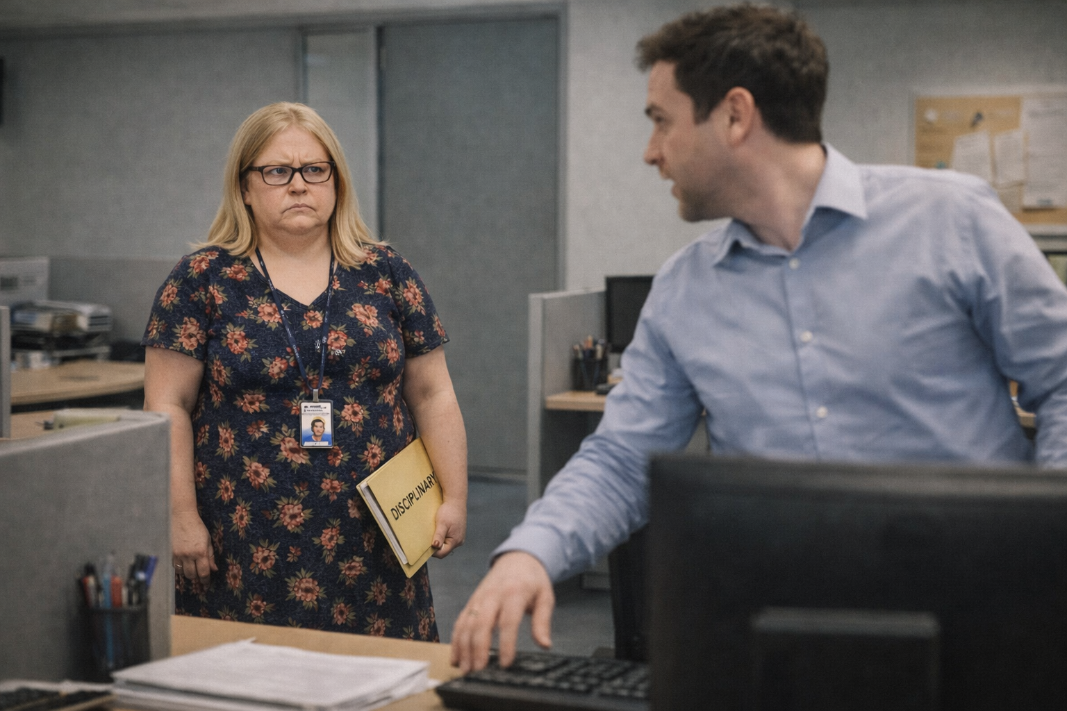 HR Karen appearing behind an employee at their desk in a workplace setting