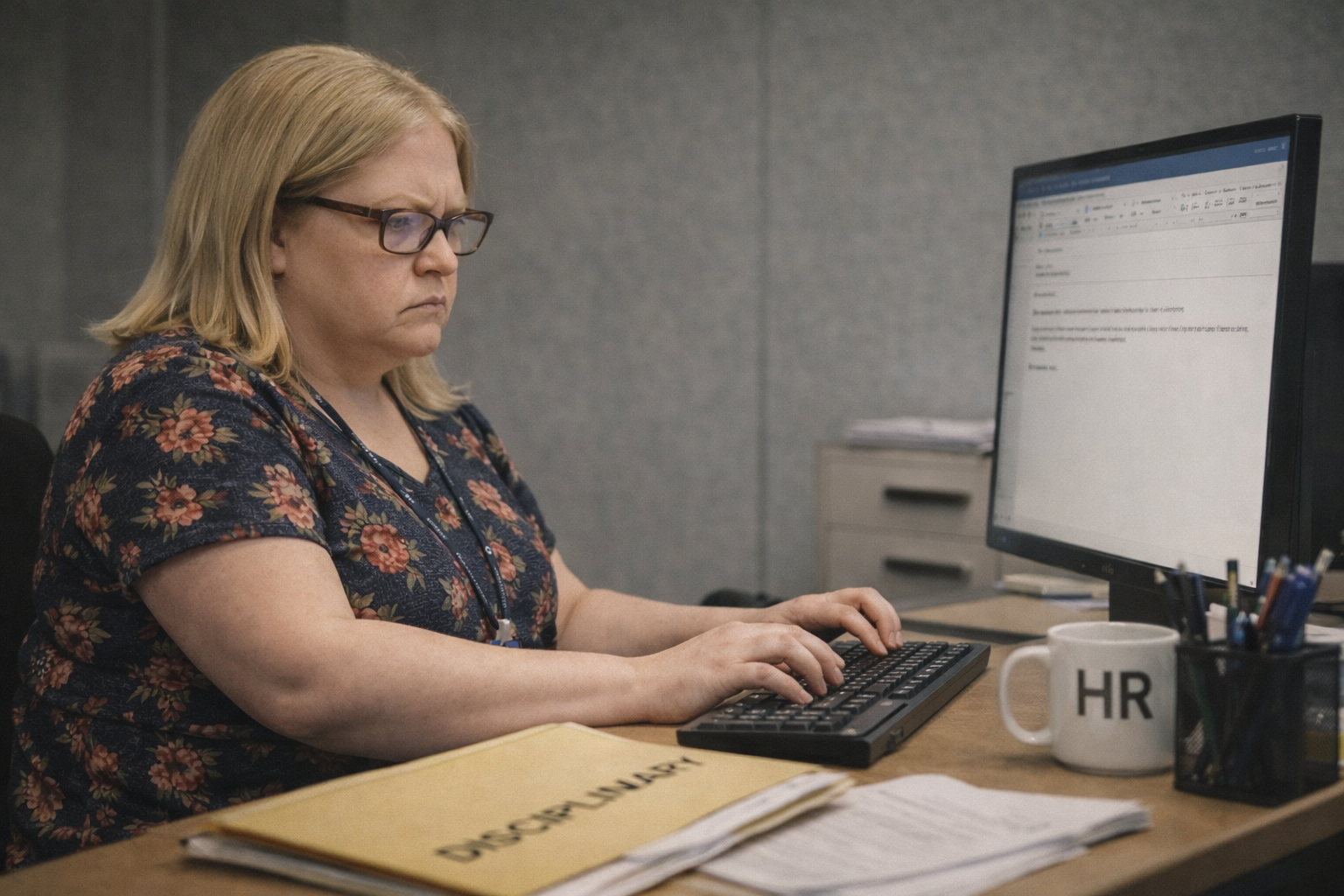R Karen writing a formal follow-up email at her desk in a corporate office
