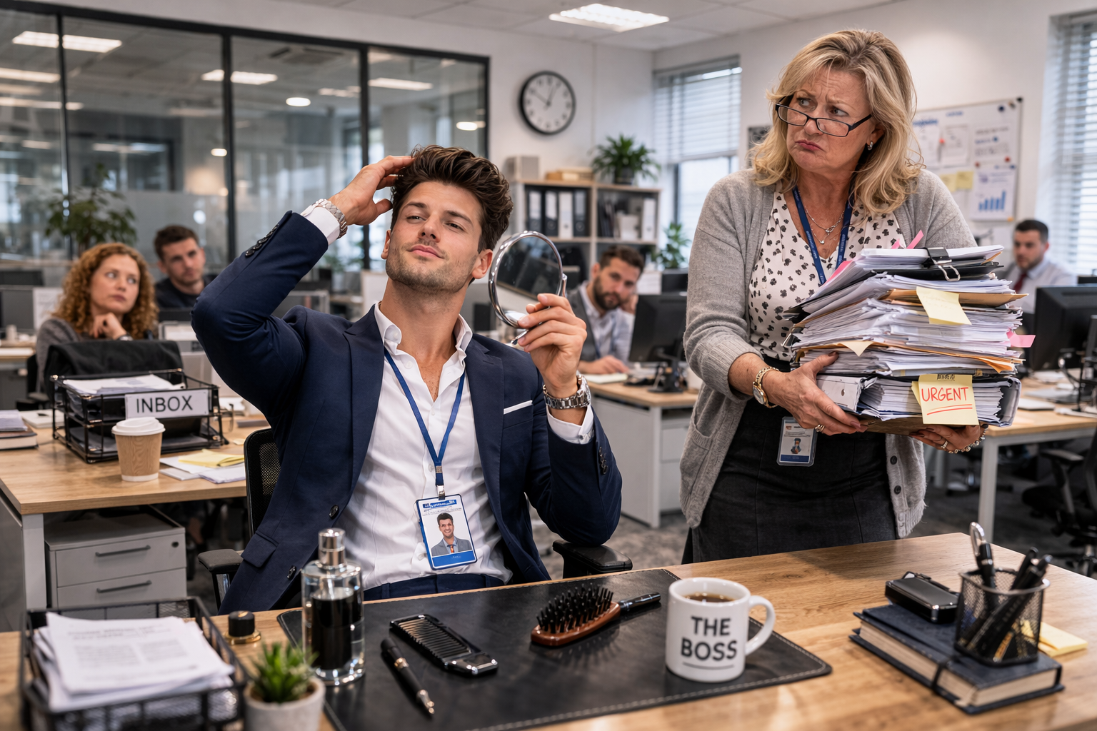 Male employee admiring himself in a large mirror beside his desk while a colleague stands nearby holding a stack of paperwork.