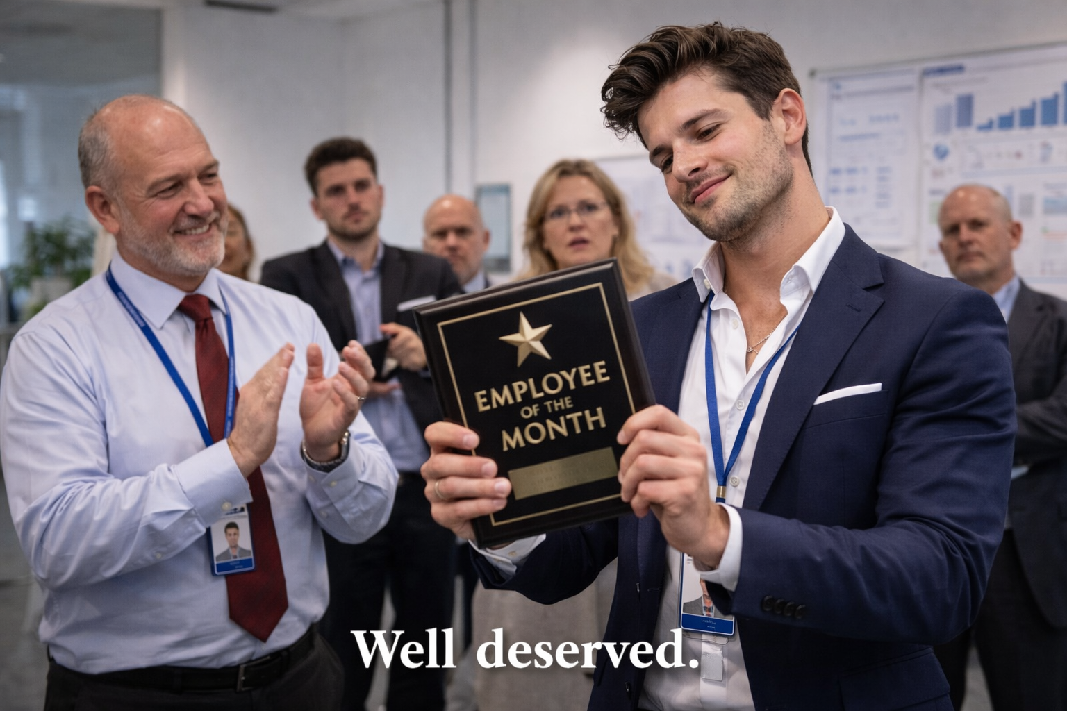 Confident office employee standing proudly at a team meeting after being announced Employee of the Month while colleagues look surprised.