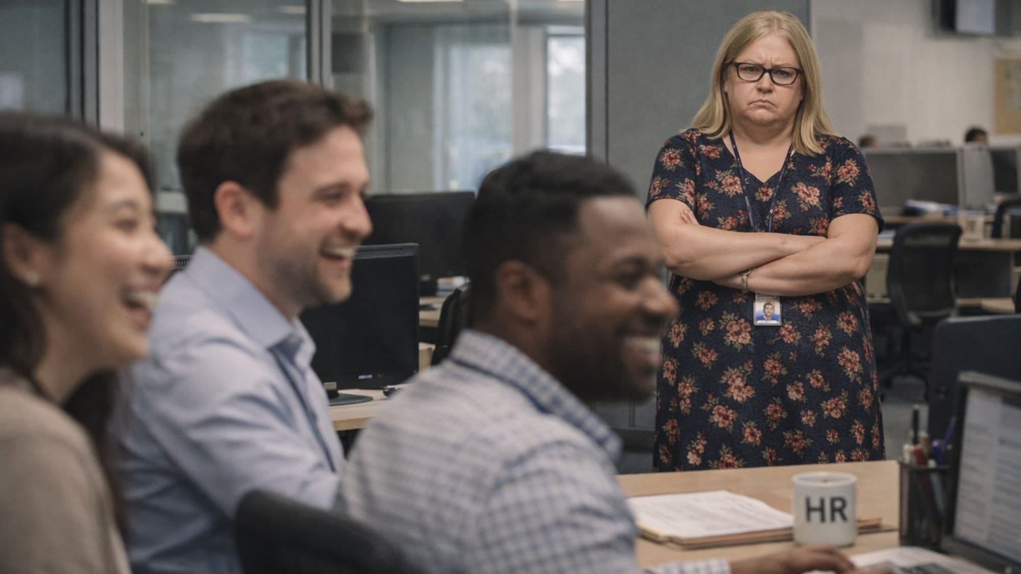 HR Karen watching employees in an office environment with a disapproving expression
