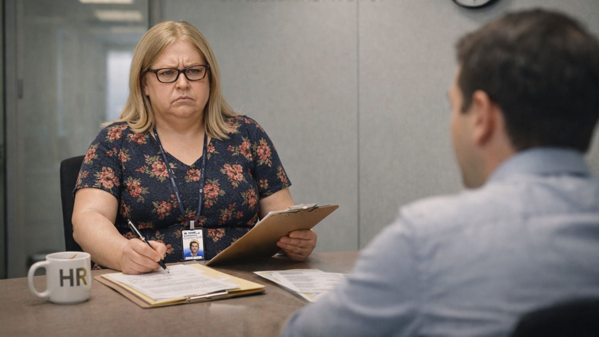 HR Karen conducting an informal disciplinary meeting with an employee in an office