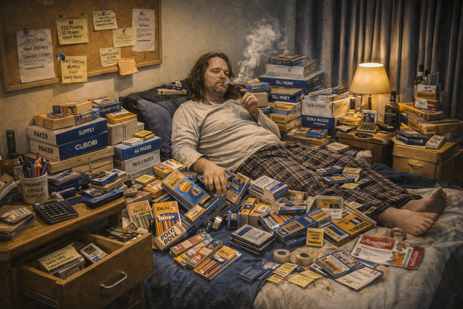 Messy bedroom filled with stolen office supplies where Stationery Dealer Derek sits surrounded by boxes of pens, printer paper, staplers and stationery.