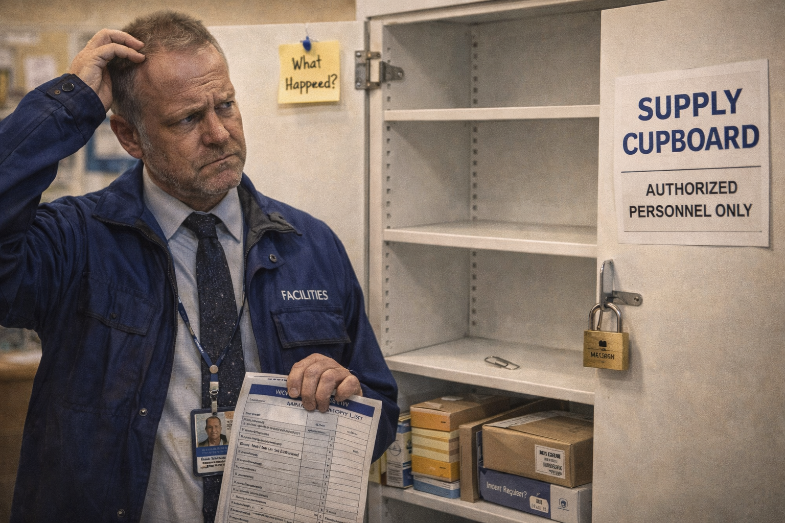 Confused facilities manager scratching his head after discovering the office stationery cupboard completely empty except for a single paper clip.