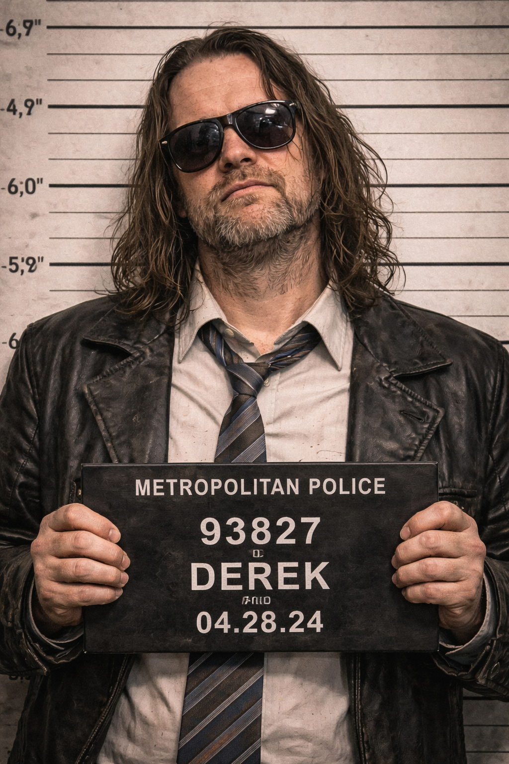 Police mugshot of shady office worker Stationery Dealer Derek holding a Metropolitan Police sign after allegedly stealing office supplies.