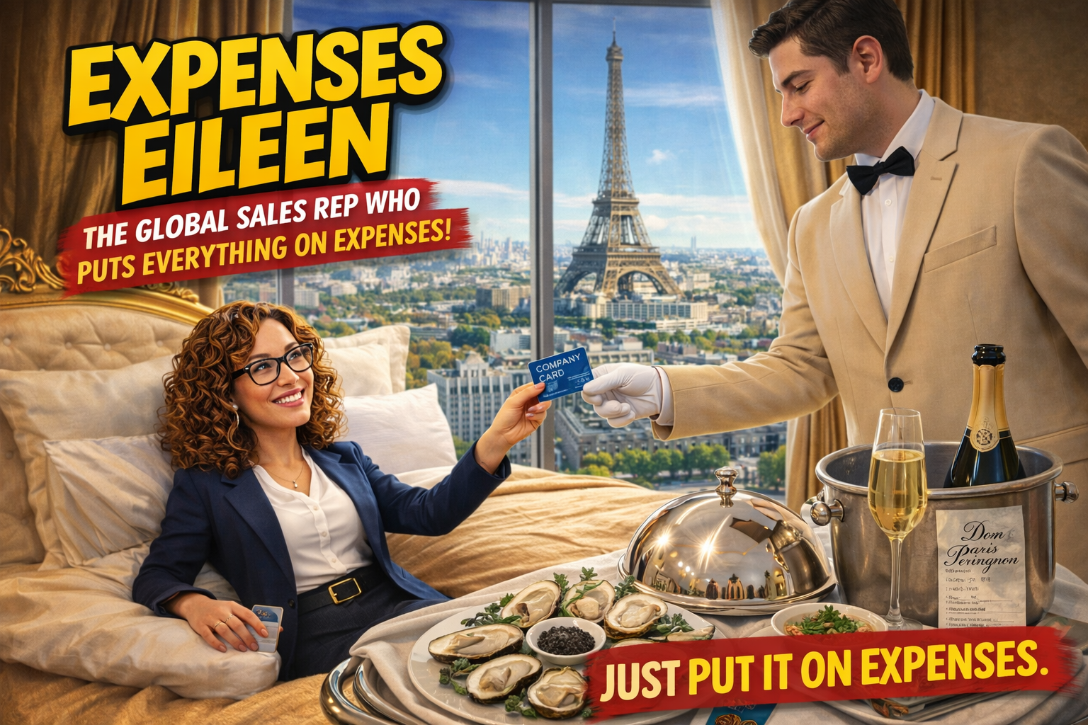 Expenses Eileen sitting on an expensive hotel bed in a five-star suite handing the company credit card to room service beside oysters, caviar and champagne