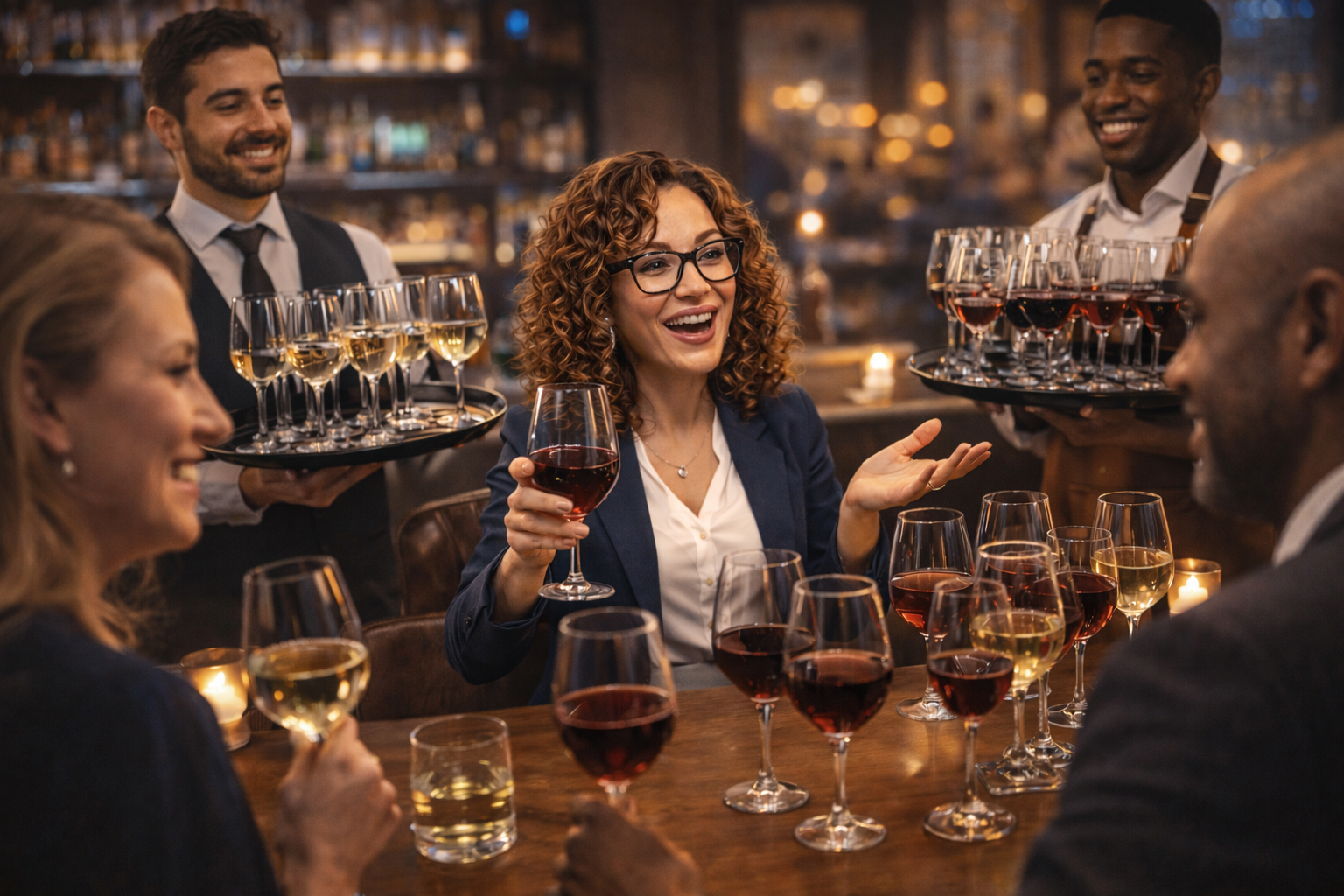 Expenses Eileen entertaining clients at a busy wine bar surrounded by multiple glasses of wine while waiters carry trays full of drinks
