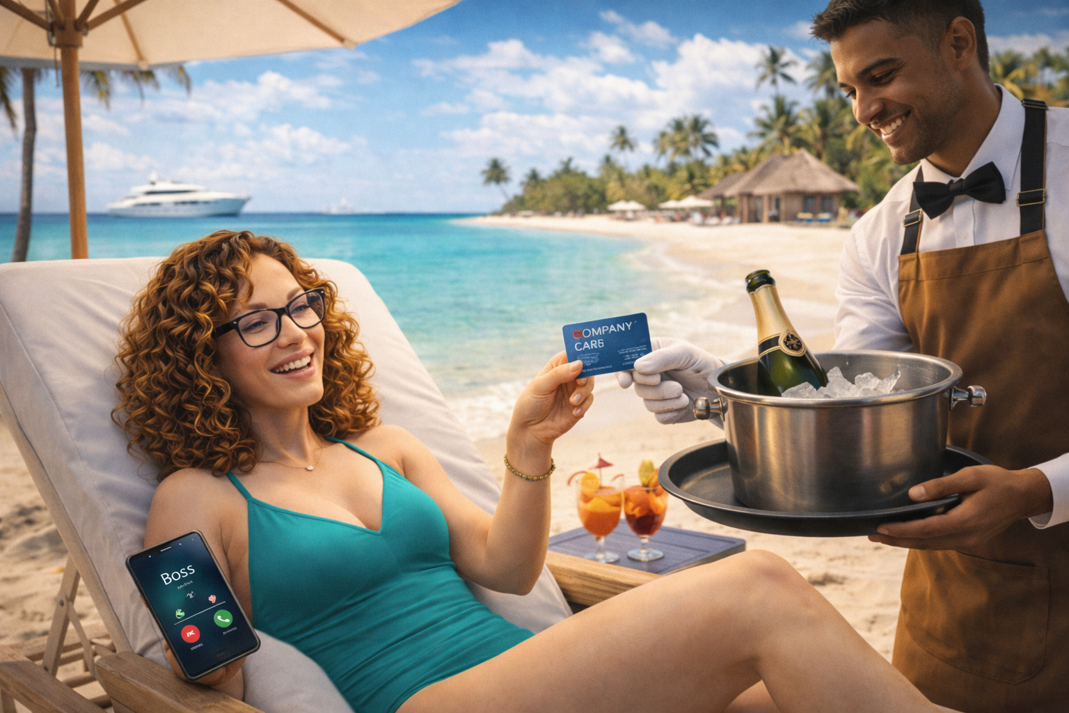 Expenses Eileen relaxing on a luxury beach resort sunbed handing a company credit card to a waiter serving champagne while her boss is calling her on the phone