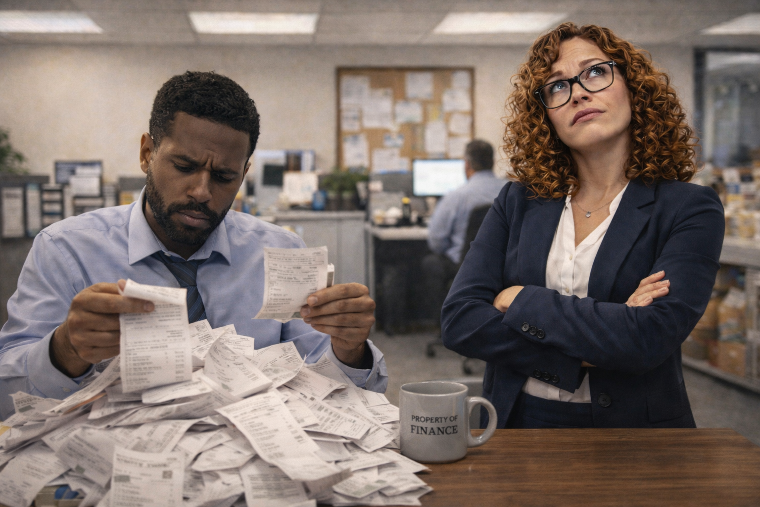 Finance worker looking confused while reviewing a huge pile of expense receipts as Expenses Eileen stands beside him with arms crossed inside an office