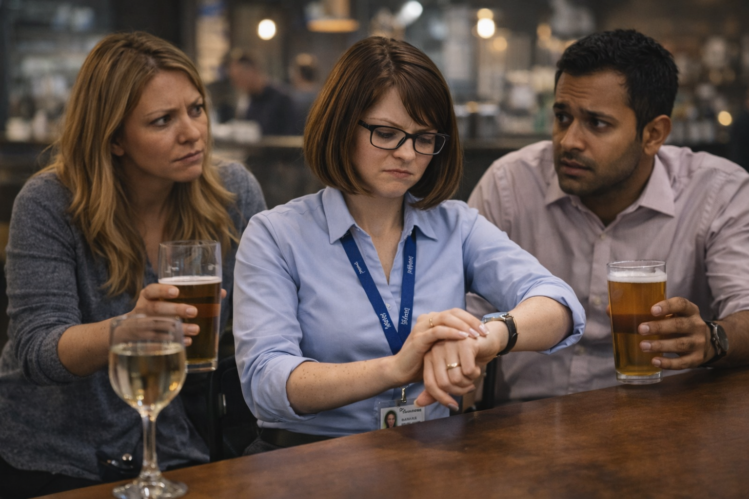 Office coworker Bethany sitting at a bar after work checking her watch awkwardly while colleagues look confused and uncomfortable
