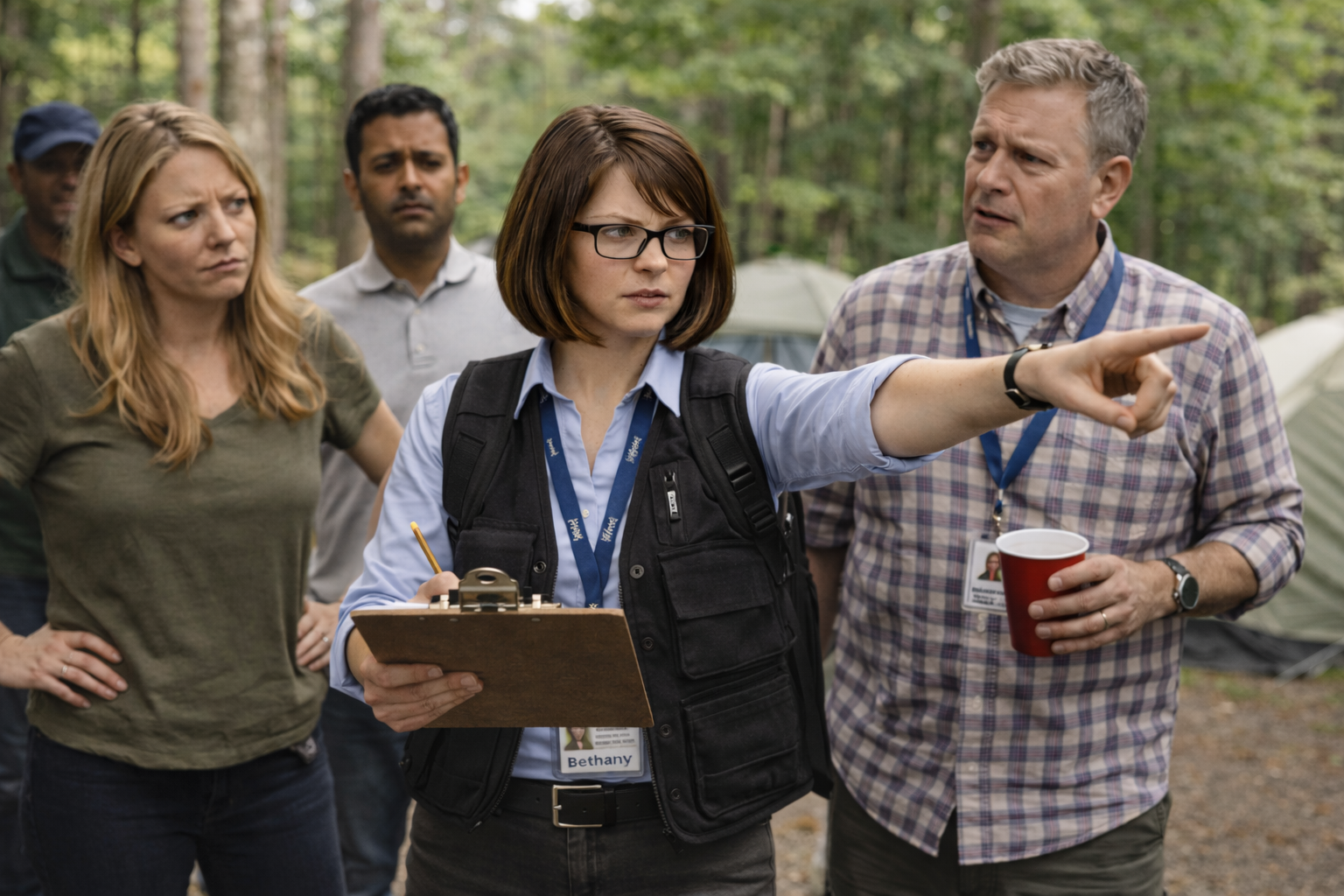 Coworker Bethany leading a team building activity outdoors with a clipboard while her boss and colleagues look confused