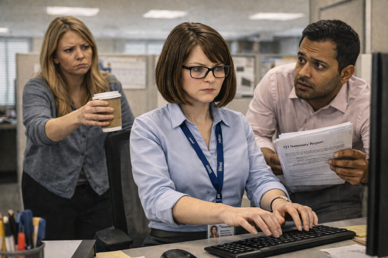 Office worker Bethany typing intensely at her desk while a colleague brings her coffee and another nervously hands her a report