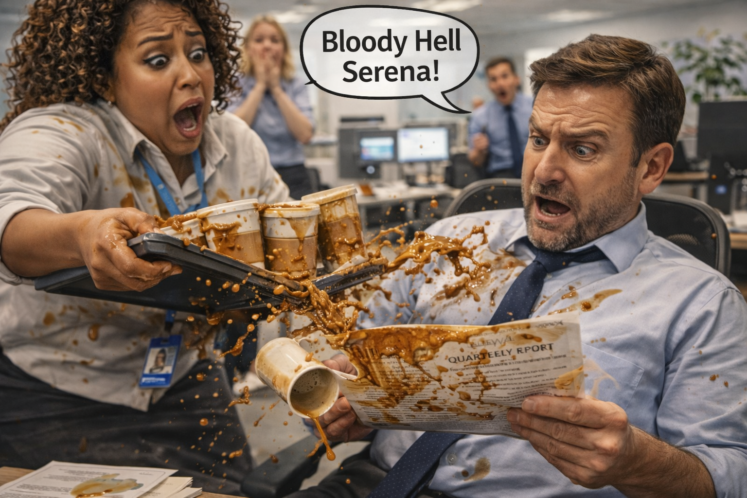 Serena spills coffee over her boss’s important report during an office tea run.