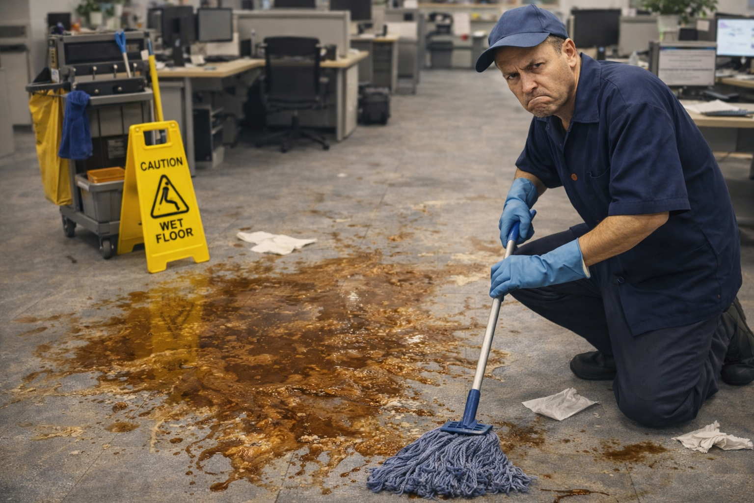 Unhappy office cleaner mopping a large coffee spill with wet floor sign nearby.