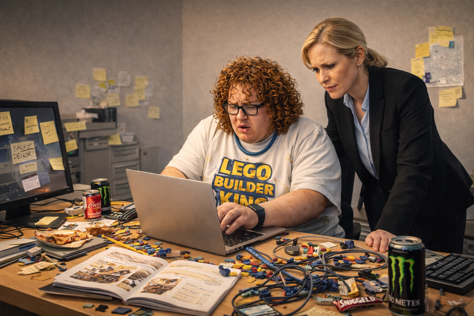 Dishevelled IT expert Server Crash Carl fixing a smart female CEO’s laptop at his chaotic desk covered in cables, snacks and LEGO pieces.