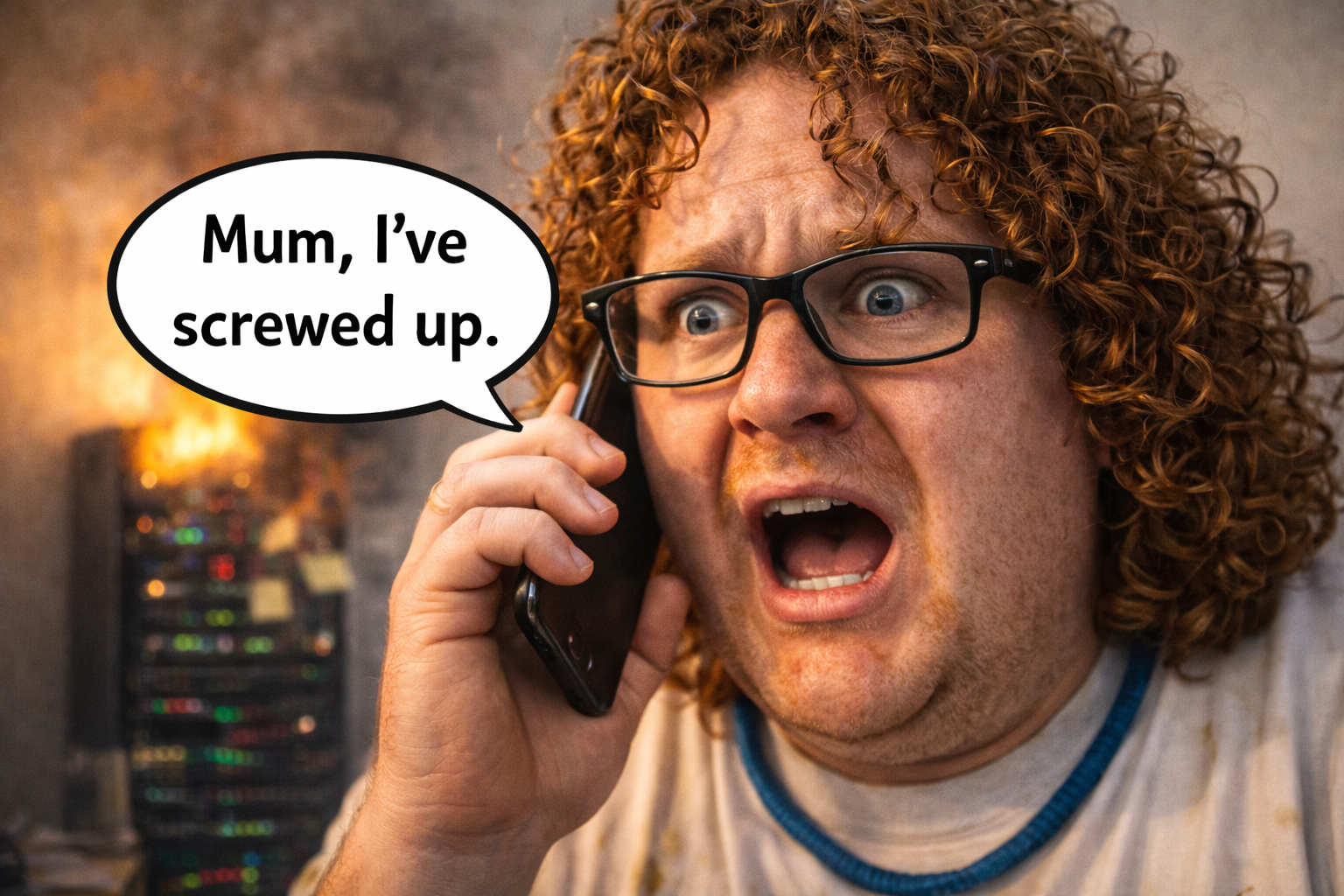 Terrified IT worker Server Crash Carl on the phone saying “Mum I’ve screwed up” with wide eyes and panic on his face.
