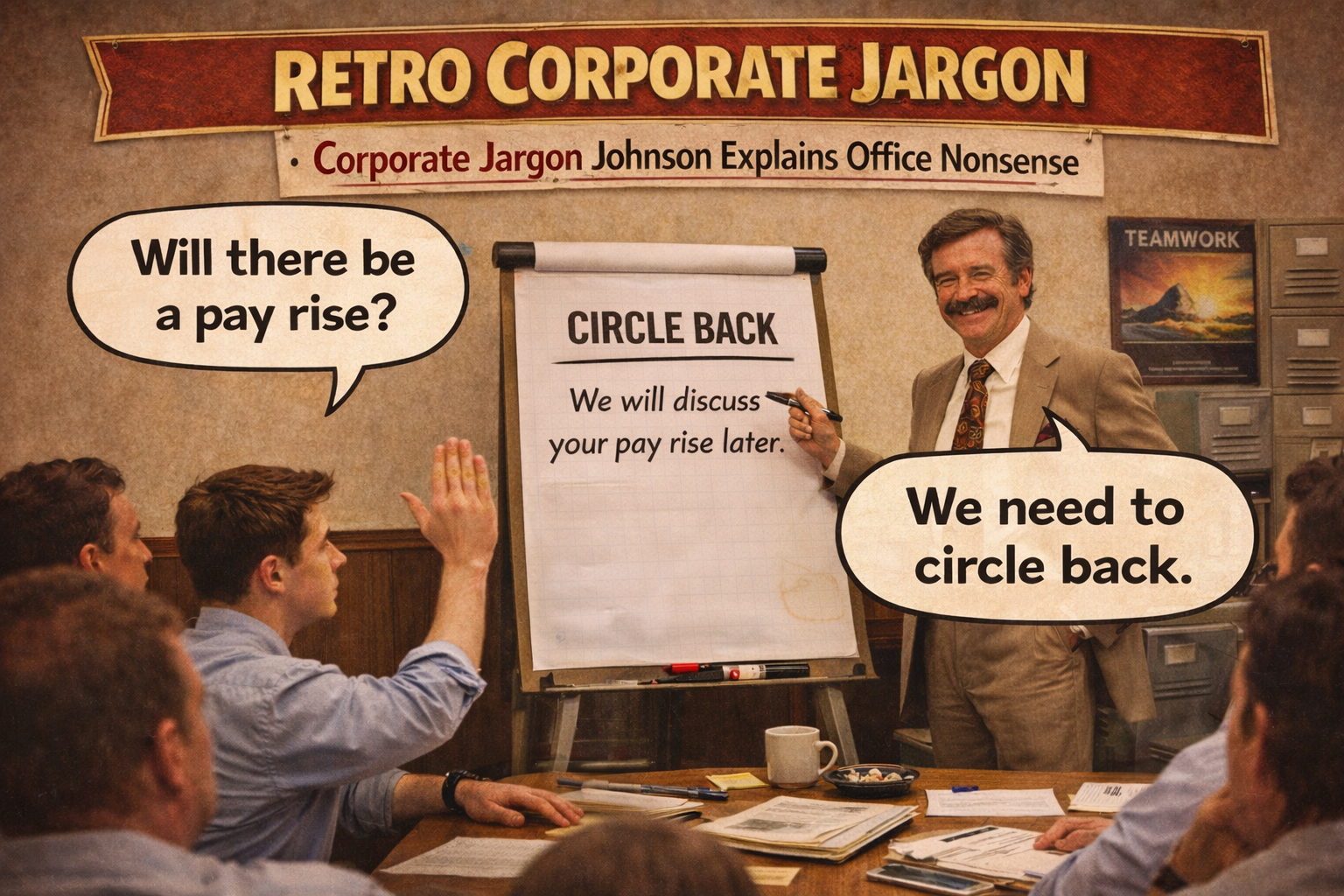 Office worker asks about pay rise while manager responds circle back in humorous retro corporate meeting scene.
