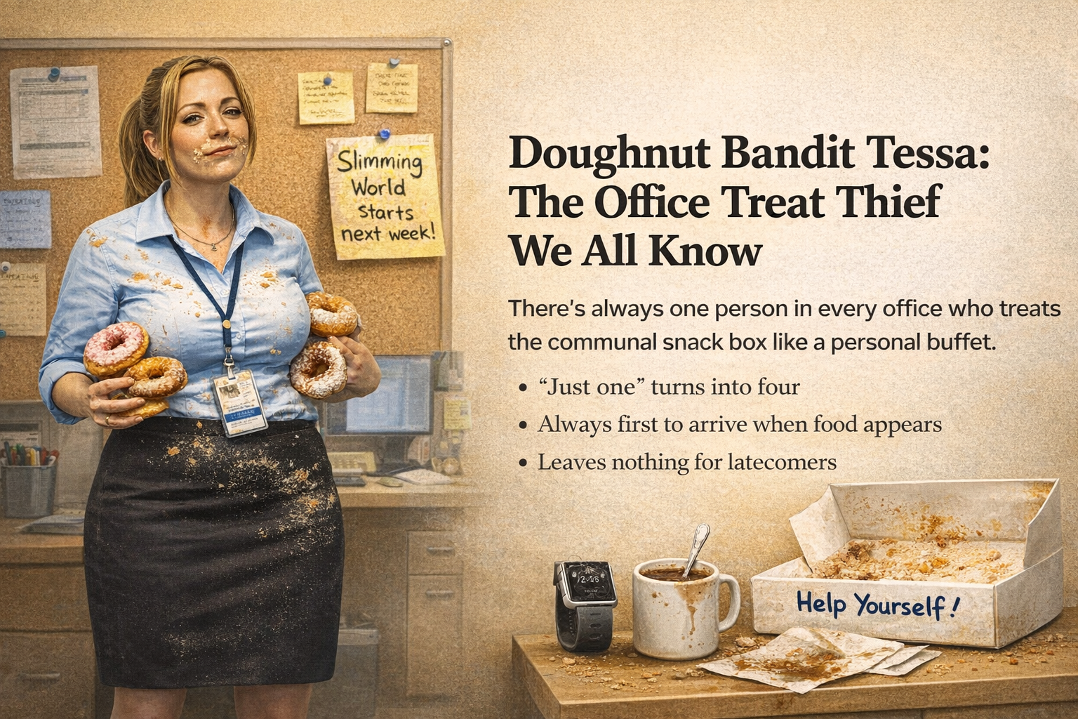 Office worker holding multiple doughnuts in a messy break room, crumbs on her clothes, empty doughnut box on desk with note saying “Help Yourself” 
