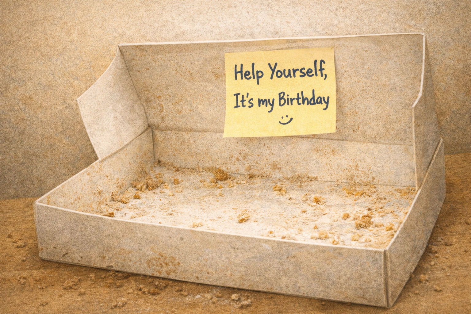 Empty office doughnut box with crumbs and a Post-it note saying ‘Help Yourself, It’s My Birthday’”  Clear. Descriptive. No fluff