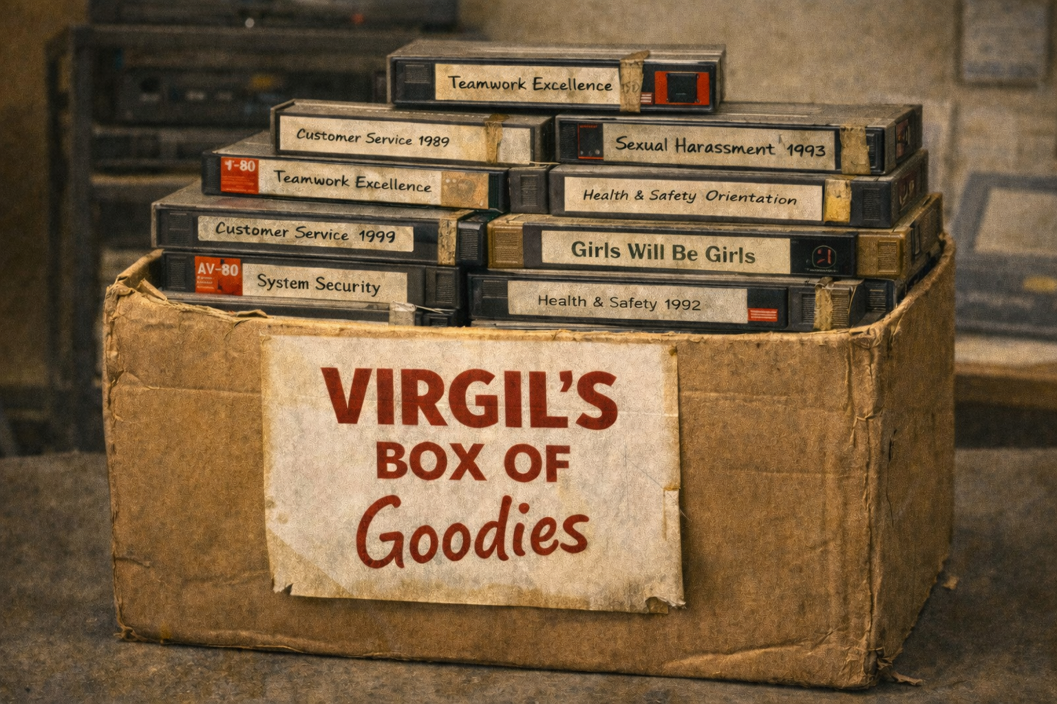 Old cardboard box labeled “Virgil’s Box of Goodies” filled with worn VHS training tapes used for outdated workplace training sessions.