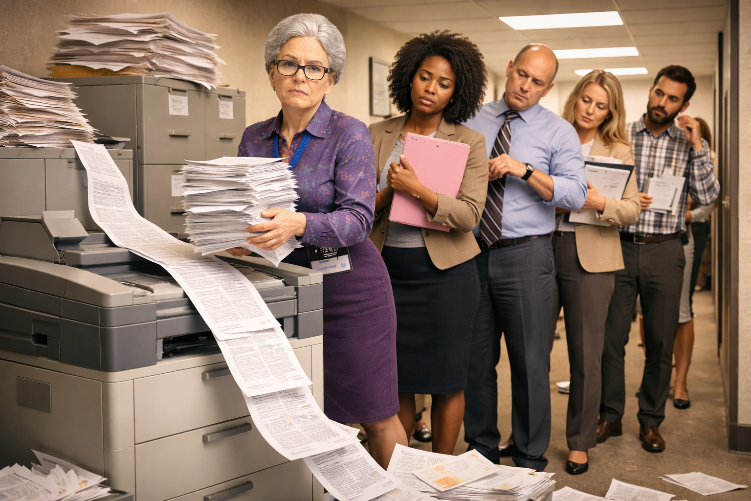 Office archetype Print Off All Emails Erica printing a huge stack of emails while frustrated coworkers wait in line at the office printer.