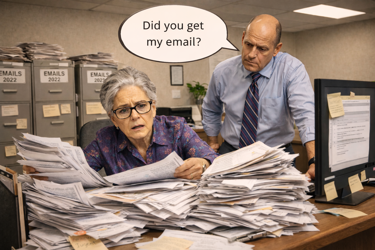 Print Off All Emails Erica frantically searching printed emails while her boss asks if she received his message.