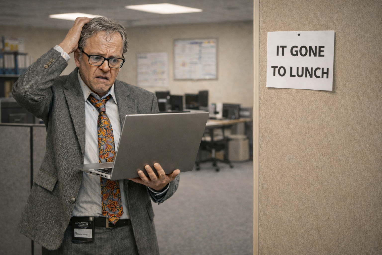 ompletely Lost Lionel struggling with modern office technology while IT support has gone to lunch.