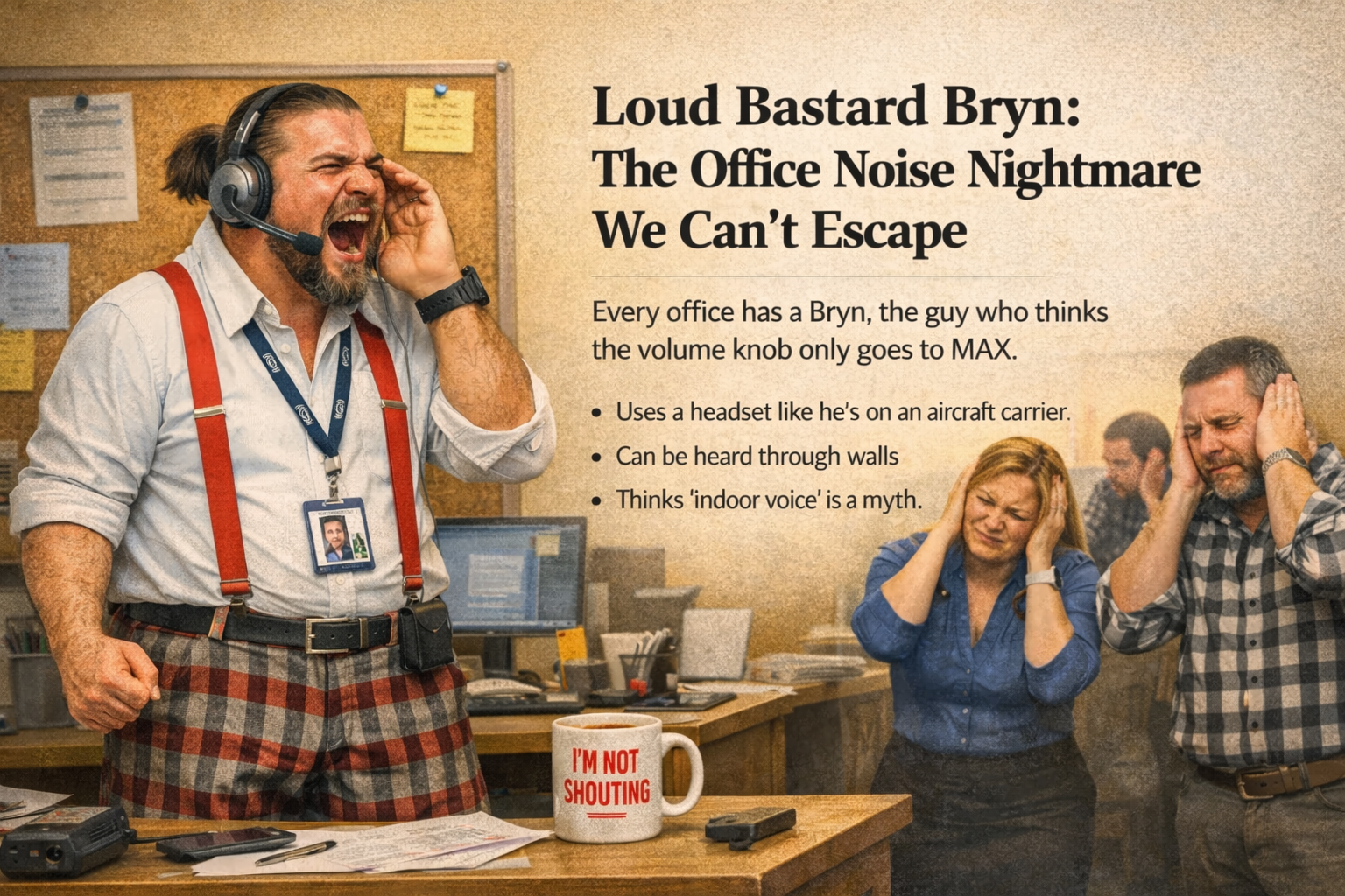 Office worker Loud Bastard Bryn shouting loudly into a headset while frustrated coworkers cover their ears in the background.