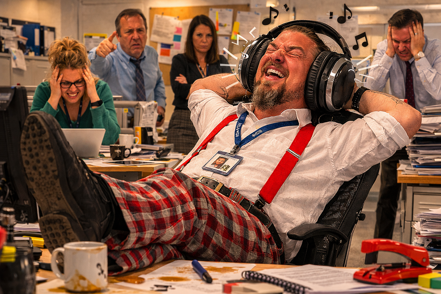 Office worker Loud Bastard Bryn relaxing in his chair wearing huge headphones blasting loud rock music while furious coworkers behind him cover their ears in frustration.