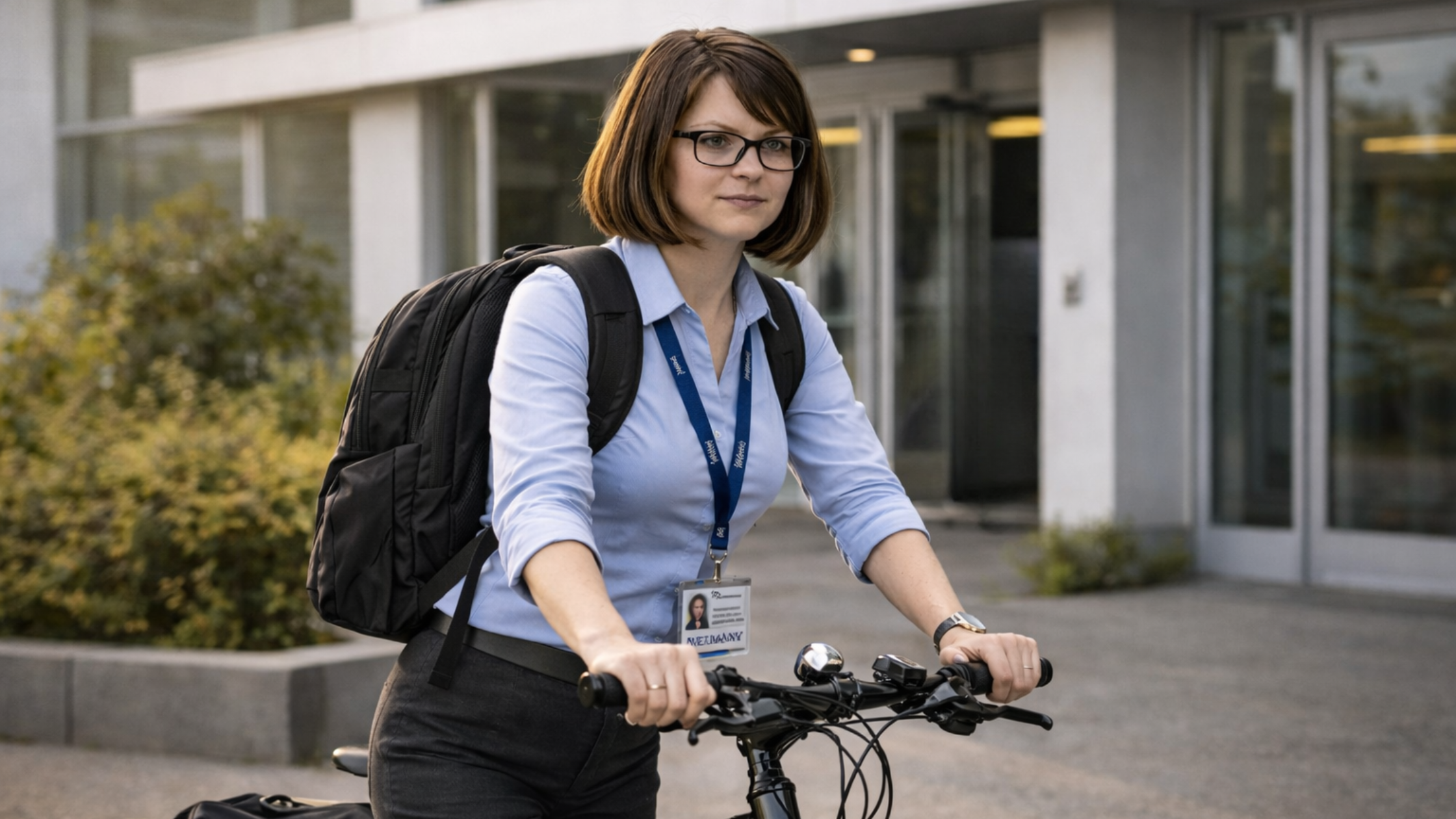Office coworker Bethany cycling to work with a corporate backpack and lanyard, arriving early at the office building