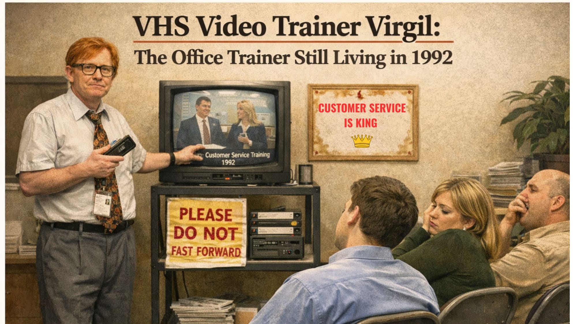 VHS Video Trainer Virgil office action figure with VHS tapes, training television, remote control and vintage workplace training accessories.