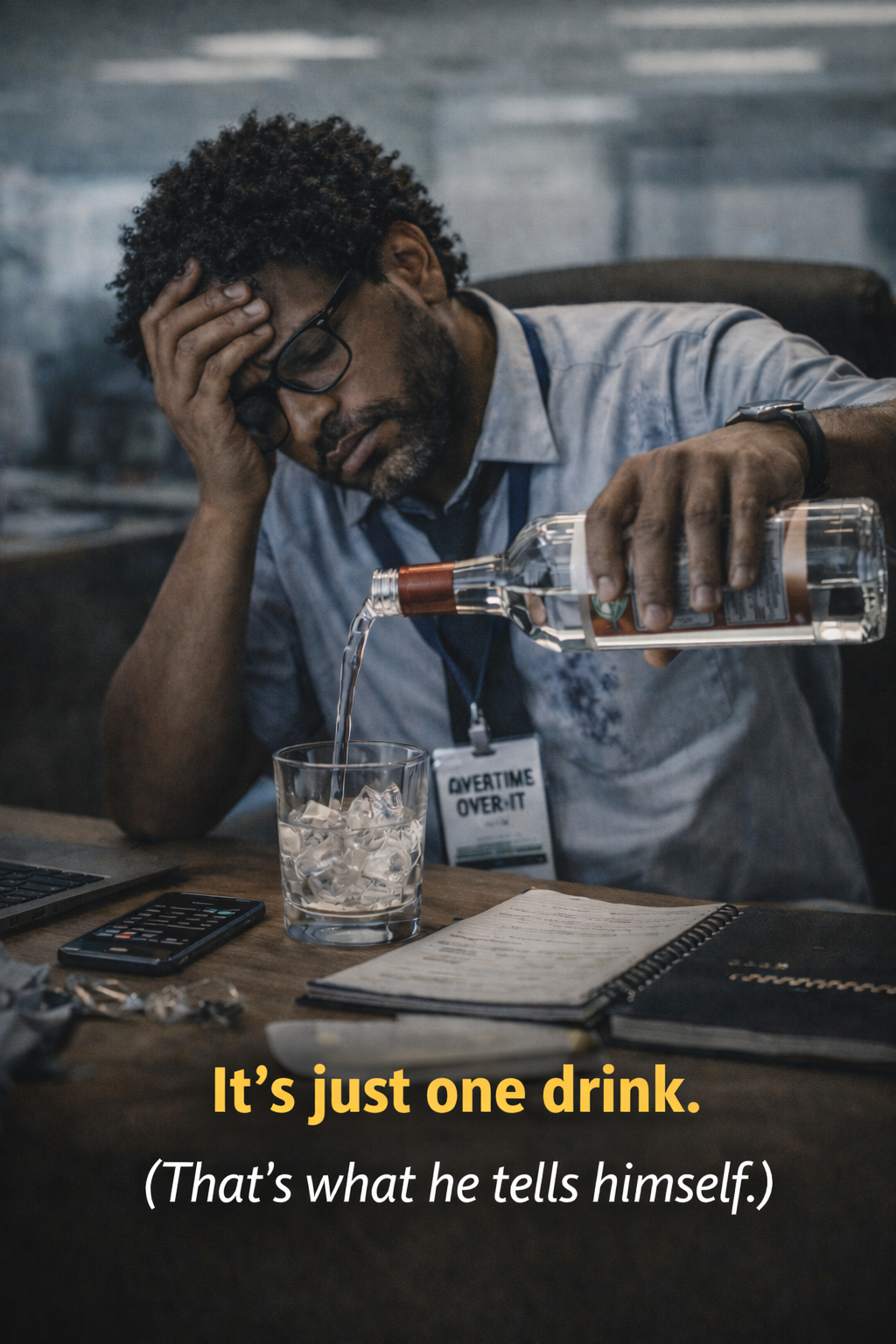Exhausted office worker pouring a drink at desk representing burnout and coping with work stress